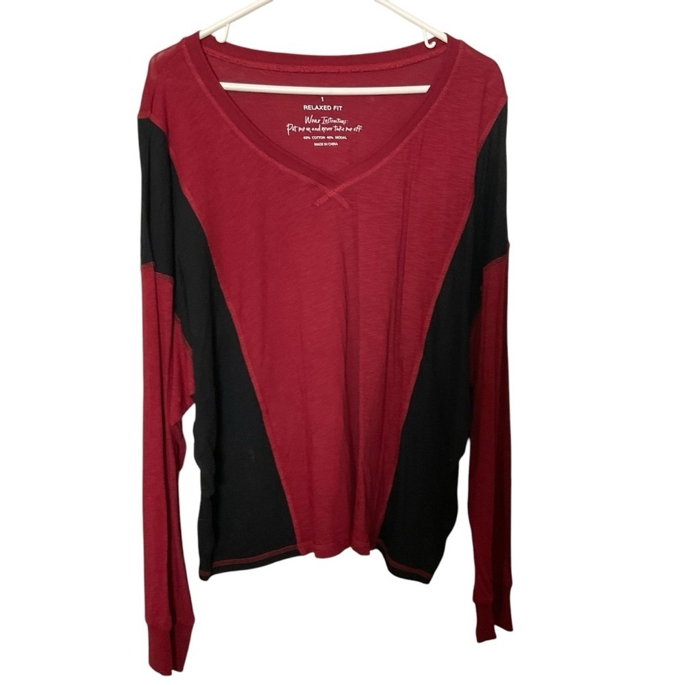 Torrid Red and Black Long Sleeve V-Neck Relaxed Shirt